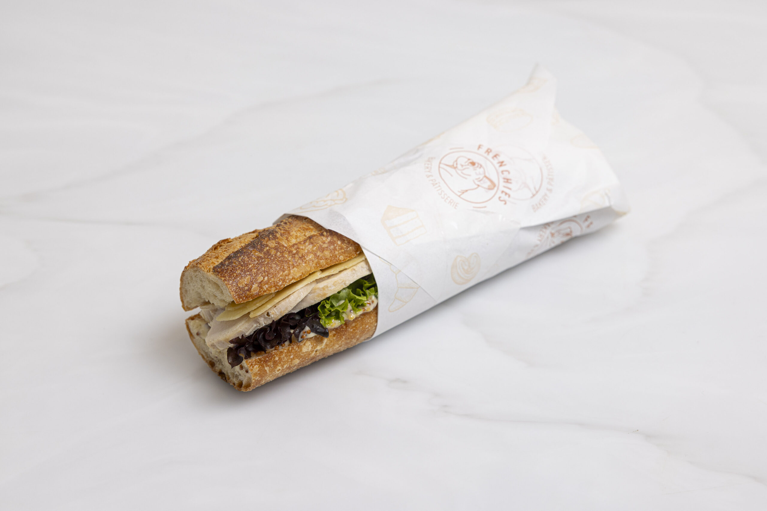 Chicken baguette sandwich, wholegrain mustard mayonnaise, aged cheddar